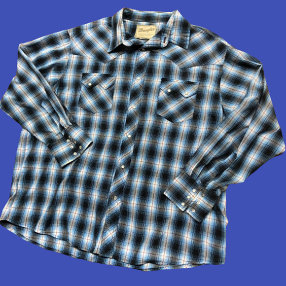 Wrangler Western Ranch Pearl Snap Plaid Blue White Red Men's Size XXL - Picture 1 of 7